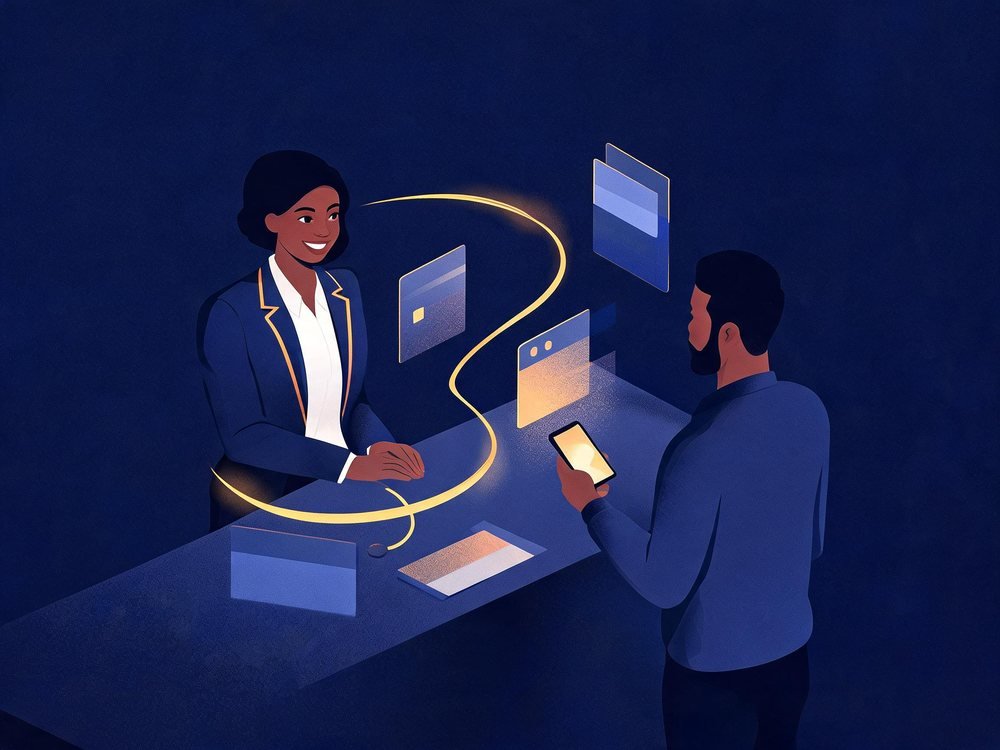 Un conseiller bancaire au guichet avec un client.