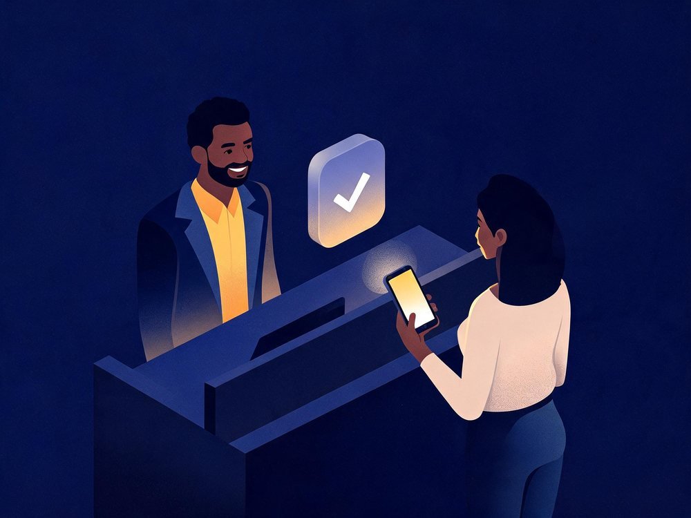 Un commerçant et un client qui règlent par téléphone.